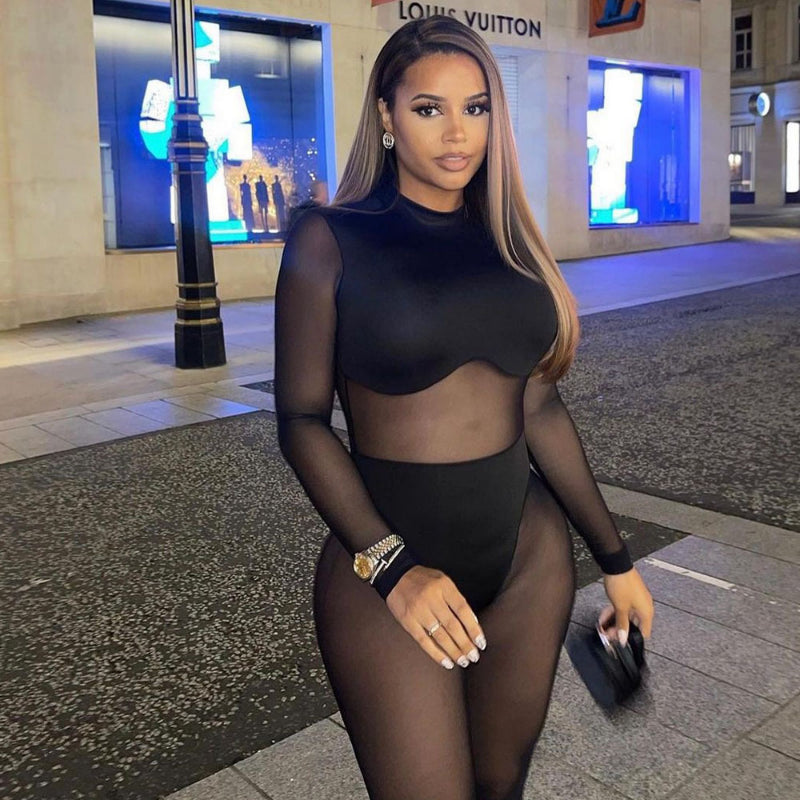 Sexy Black Transparent Mesh Jumpsuit for Women Elastic See-Through Bodysuit One-Piece Nightclub Outfit