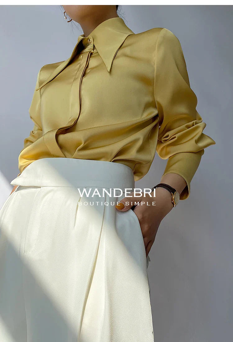 Elegant Turn Down Collar Satin Silk Blouse Vintage Button Closure White Lantern Sleeve Office Lady Shirt Chic Feminine Top