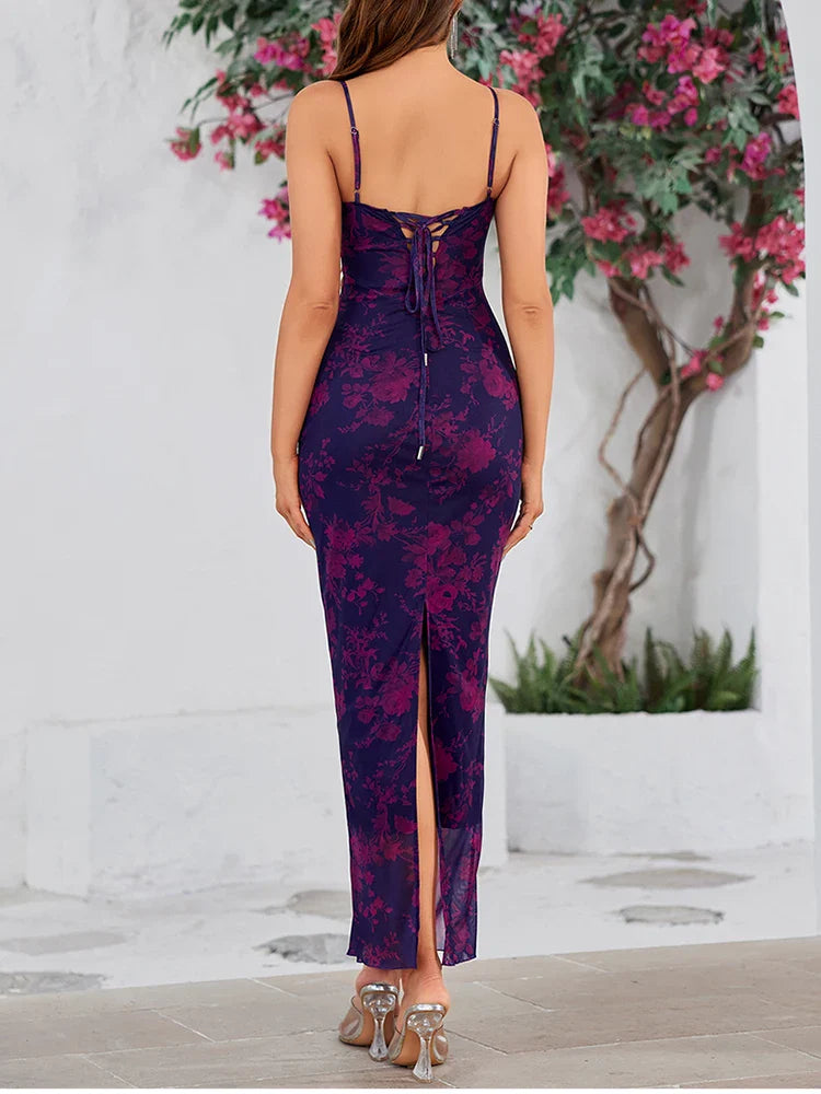 Floral Mesh Maxi Dress For Women Summer Beach Sundress