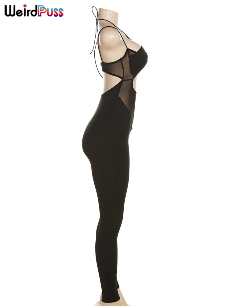 Sexy Mesh Patchwork Hollow Strap Backless Bandage Jumpsuit for Women Slim Fit Streetwear Workout Overalls