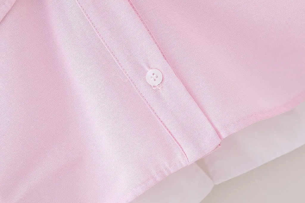 Elegant Patchwork Blouse for Women Long Sleeve Single Breasted Lapel Shirt Chic Short Top