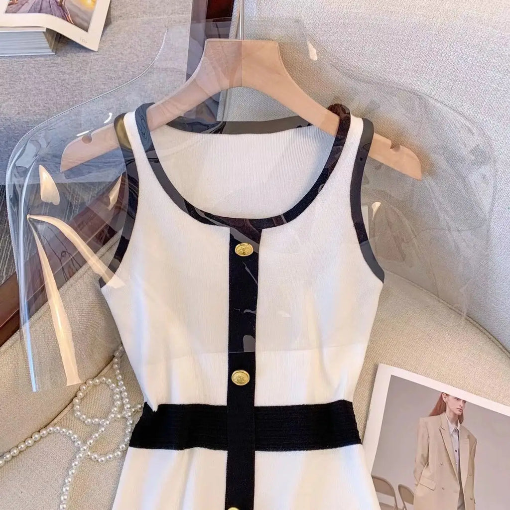 Women Knit Dress Sleeveless High Waist O Neck Mini Summer