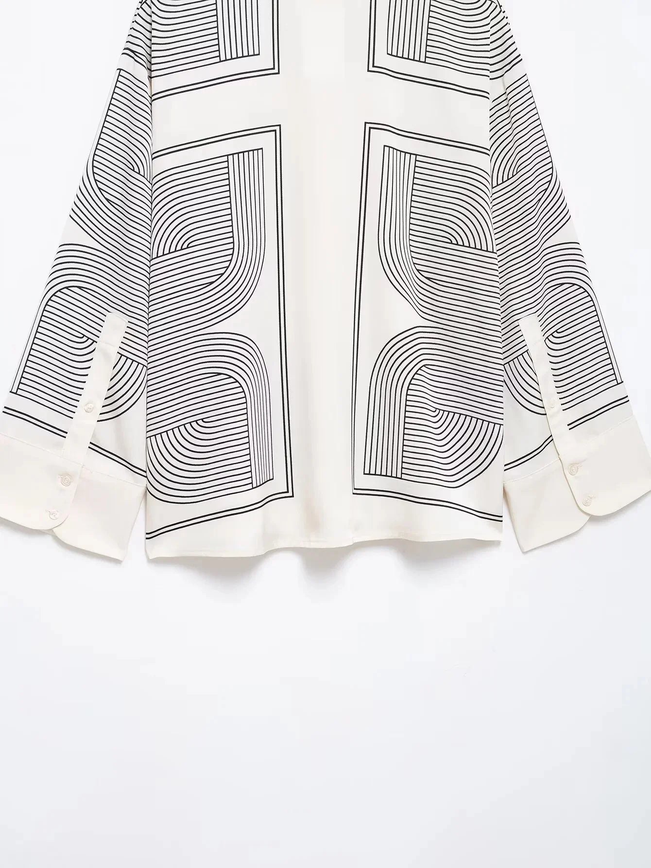 Stylish Women's Suit Set with Long Sleeve Shirt and Wide Leg Pants in Creamy Base and Geometric Patterns