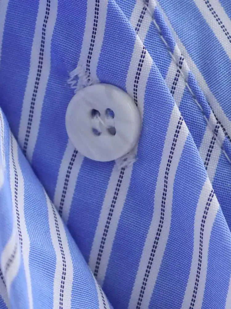 Women's Chic Striped Crop Shirt Long Sleeve Button-Up Blouse with Pockets Casual Fashion Top