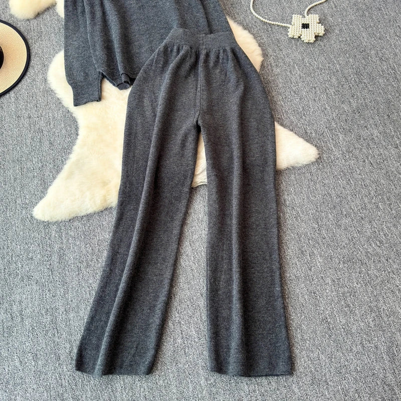 Knitted V-Neck Sweater and Straight Jogging Pants Women's Tracksuit Set