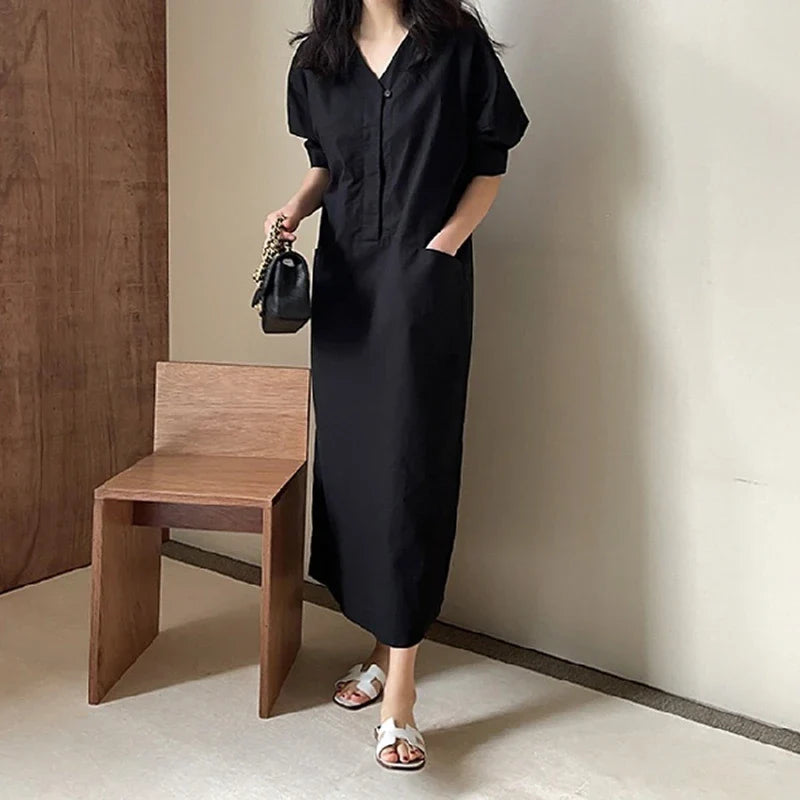 Korean Puff Sleeve Dress With Pockets High Waist V Neck