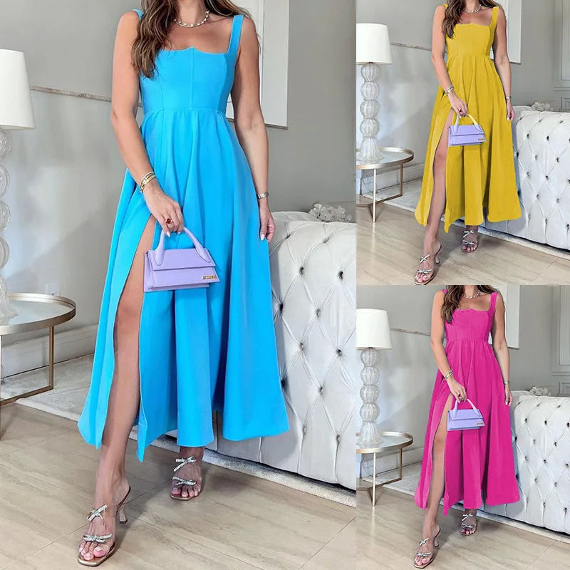 Spaghetti Strap Midi Dress With Side Slit And High Waist