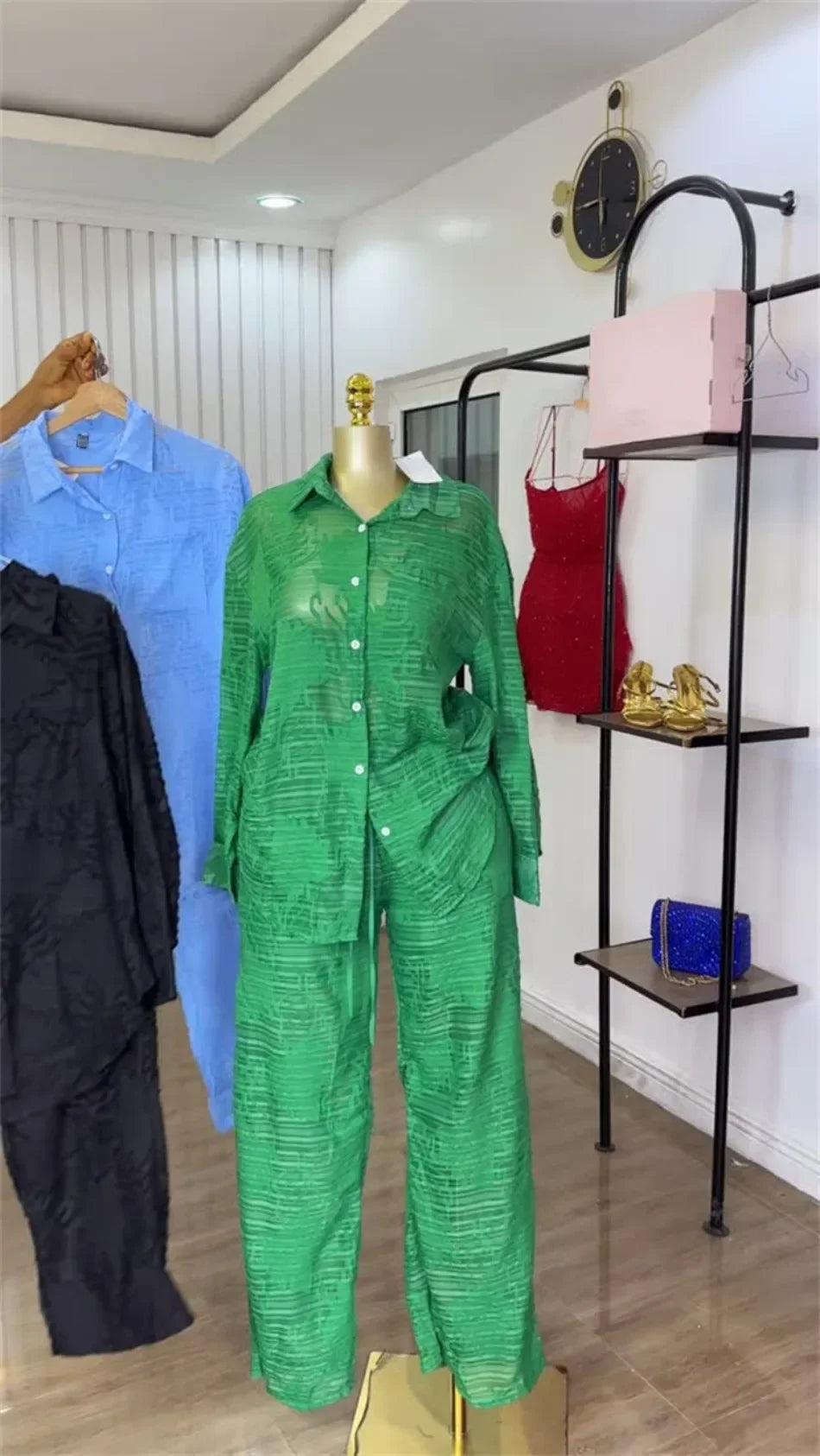 Women's Summer Pant Sets with Turned-down Collar Long-sleeve Shirt and High-waist Straight-leg Pants Two-piece Outfit