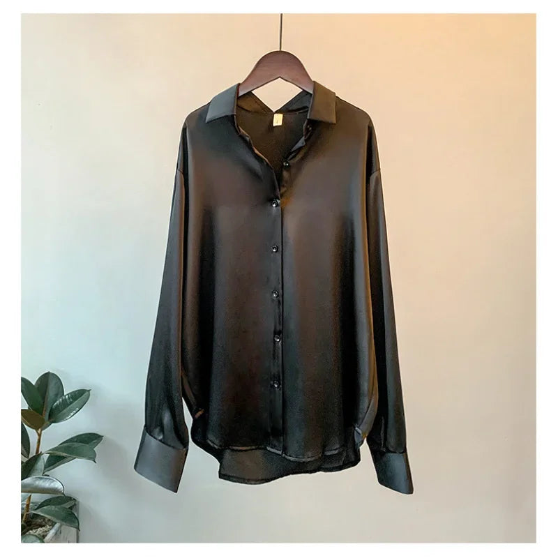Long Sleeve Satin Shirt for Women Draped Retro Style Sun-Proof Lightweight Blouse Perfect for Spring and Summer All-Matching Fashion Top