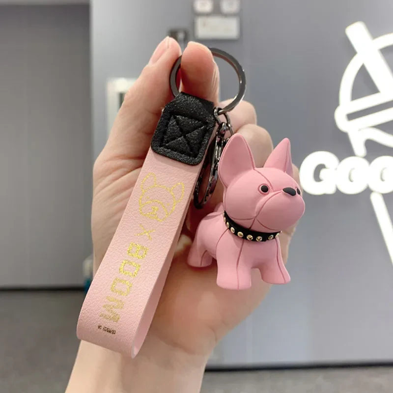 Punk French Bulldog Keychain PU Leather Dog Bag Pendant for Women and Men Car Key Ring