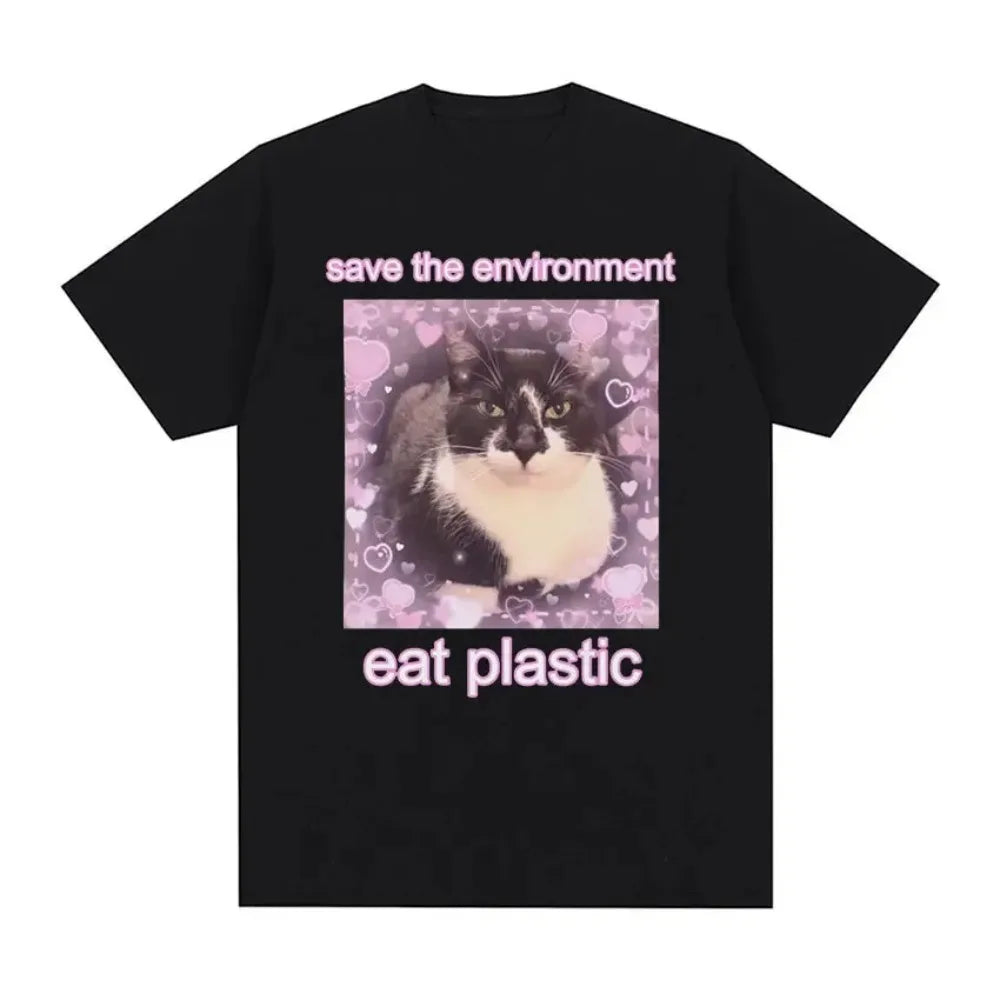 Save The Environment Eat Plastic Cute Cat Graphic T Shirt 100 Percent Cotton Oversized Tee for Men and Women