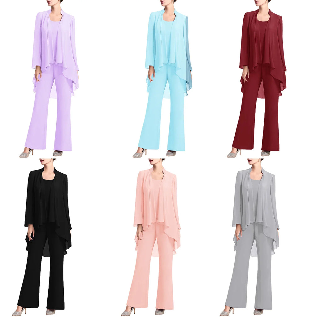 Womens Summer Chiffon 3 Piece Outfit Set with Tank Top Cardigan and Pants for Formal Events