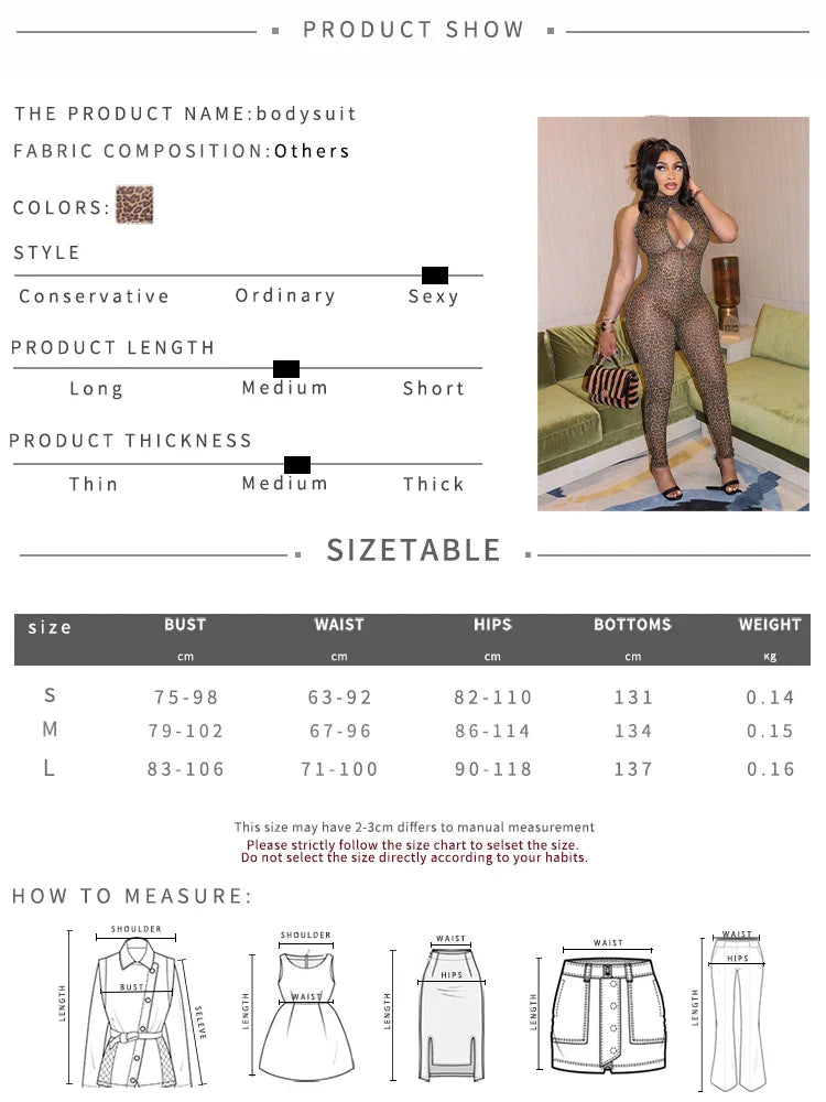 High Collar Sleeveless Leopard Print Mesh Jumpsuit with Sheer Hollow Cleavage and Skinny Fit Overalls for Women Sexy Clubwear