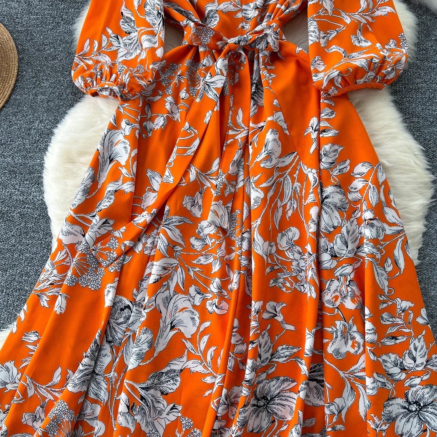Boho Floral Print Pleated Maxi Dress With Puff Sleeves Belt