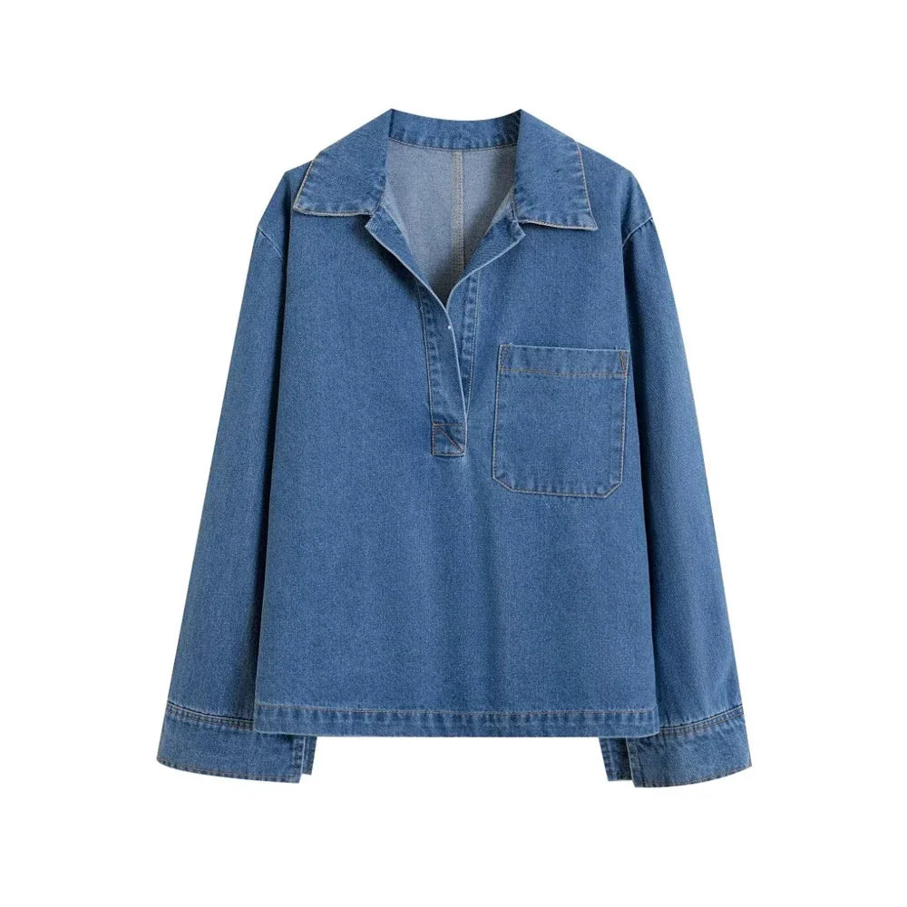 Women's Denim Loose Shirt with Pockets and High Elastic Waist Wide Leg Pants Two Piece Set