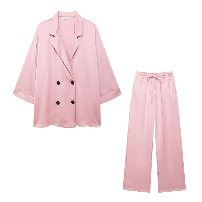 Chic Women's Two Piece Set with Solid Double Breasted Blazer and Vintage Elastic Waist Trousers for Effortless Style