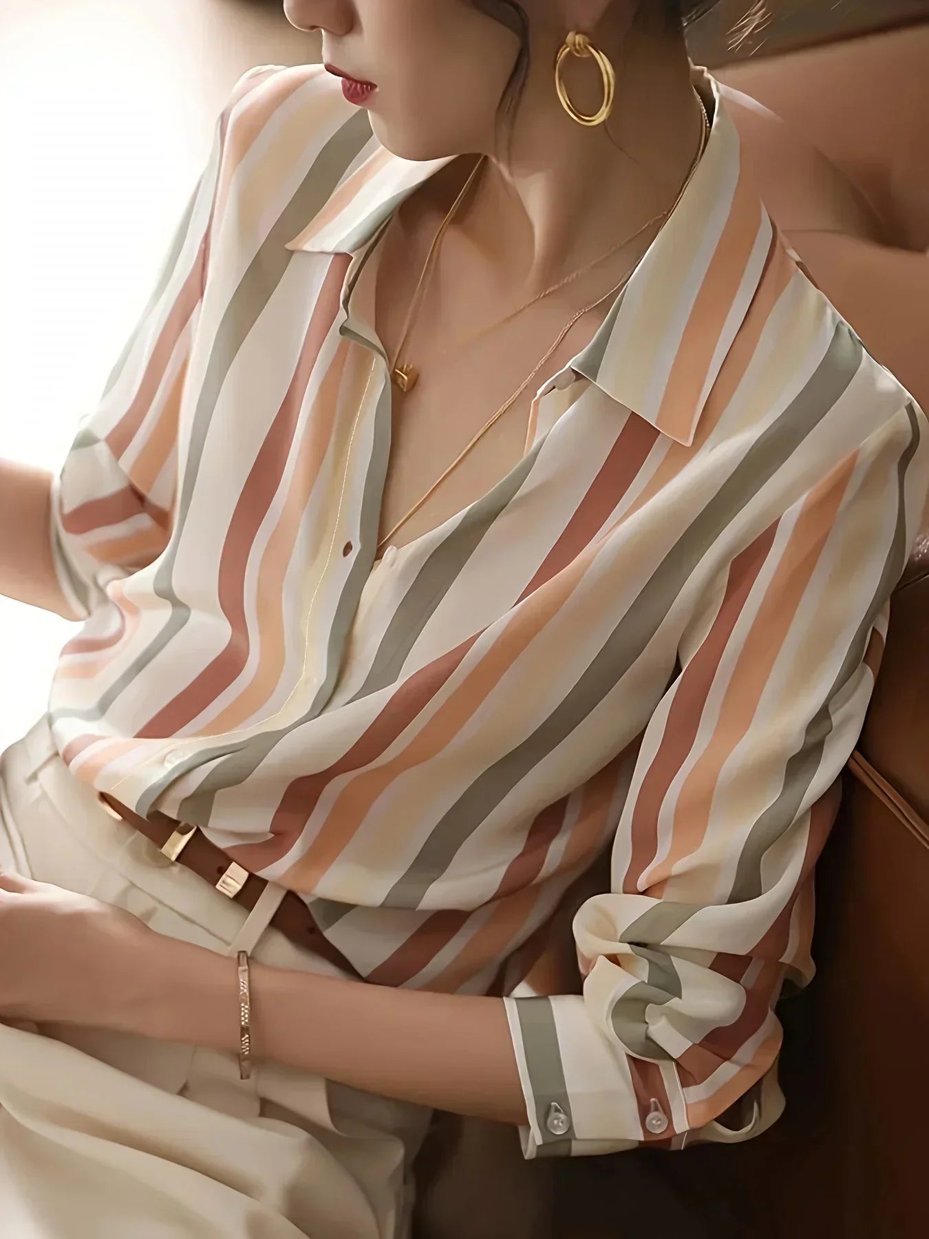 Striped Print Button Front Casual Long Sleeve Shirt for Women Lightweight Blouse for Spring and Fall Women's Tops