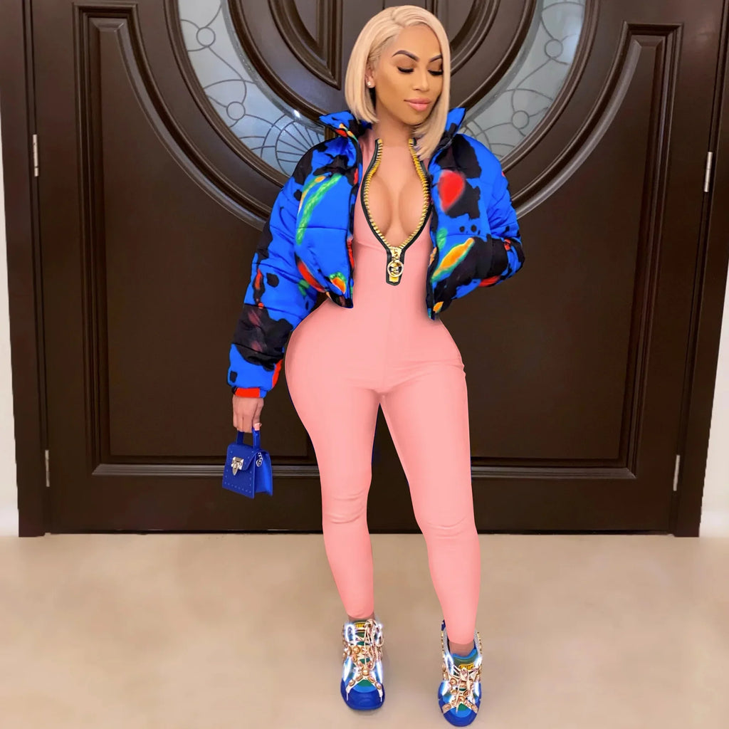 Women's Bodycon One-Piece Jumpsuit with Long Sleeves and Large Front Zipper Casual Sporty Skinny Workout Overalls Top