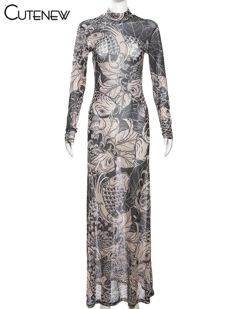 Elegant Long Sleeve Printed Maxi Dress With O Neck