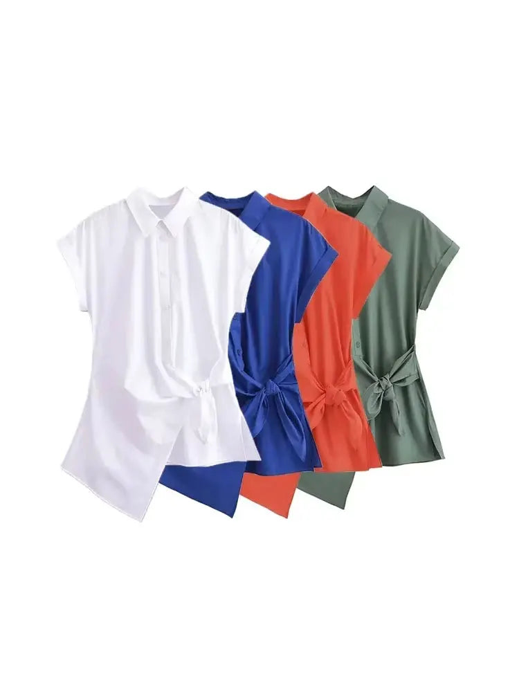 Asymmetric Poplin Shirt for Women with Front Knot Ties Short Sleeve Button-Up Chic Blouse Top