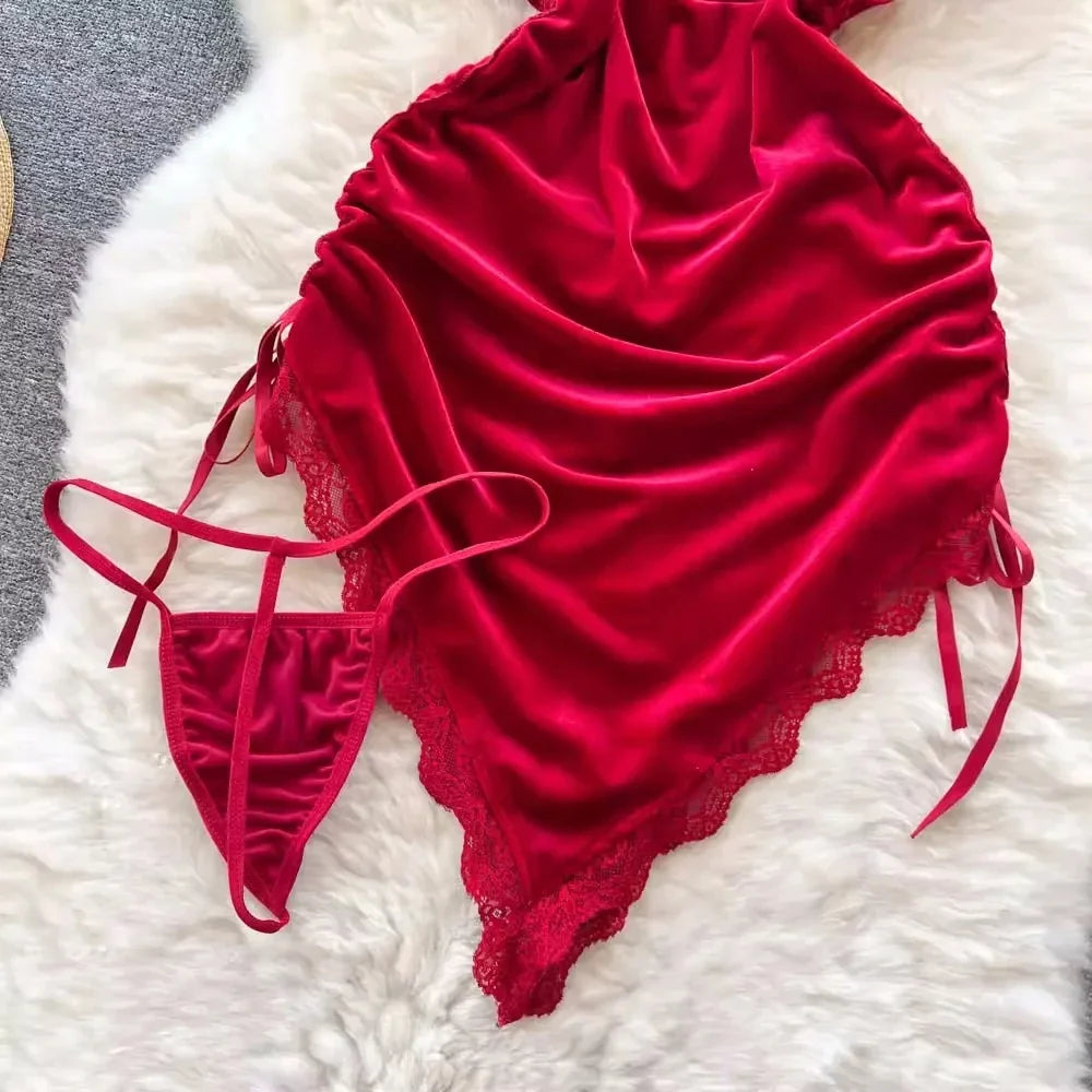 Golden Velvet Backless Lingerie With Lace Trim Sleep Dress