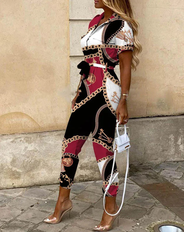 Summer Casual Women's Jumpsuit with Lapel Collar Printed Waistband and Stylish Buckle Detail