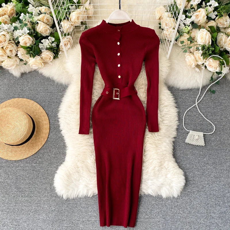 Womens Winter Knitted Dress Stand Collar With Sash Belt