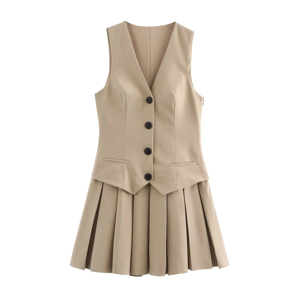 Elegant Sleeveless Pleated Dress With Vest Style Chic