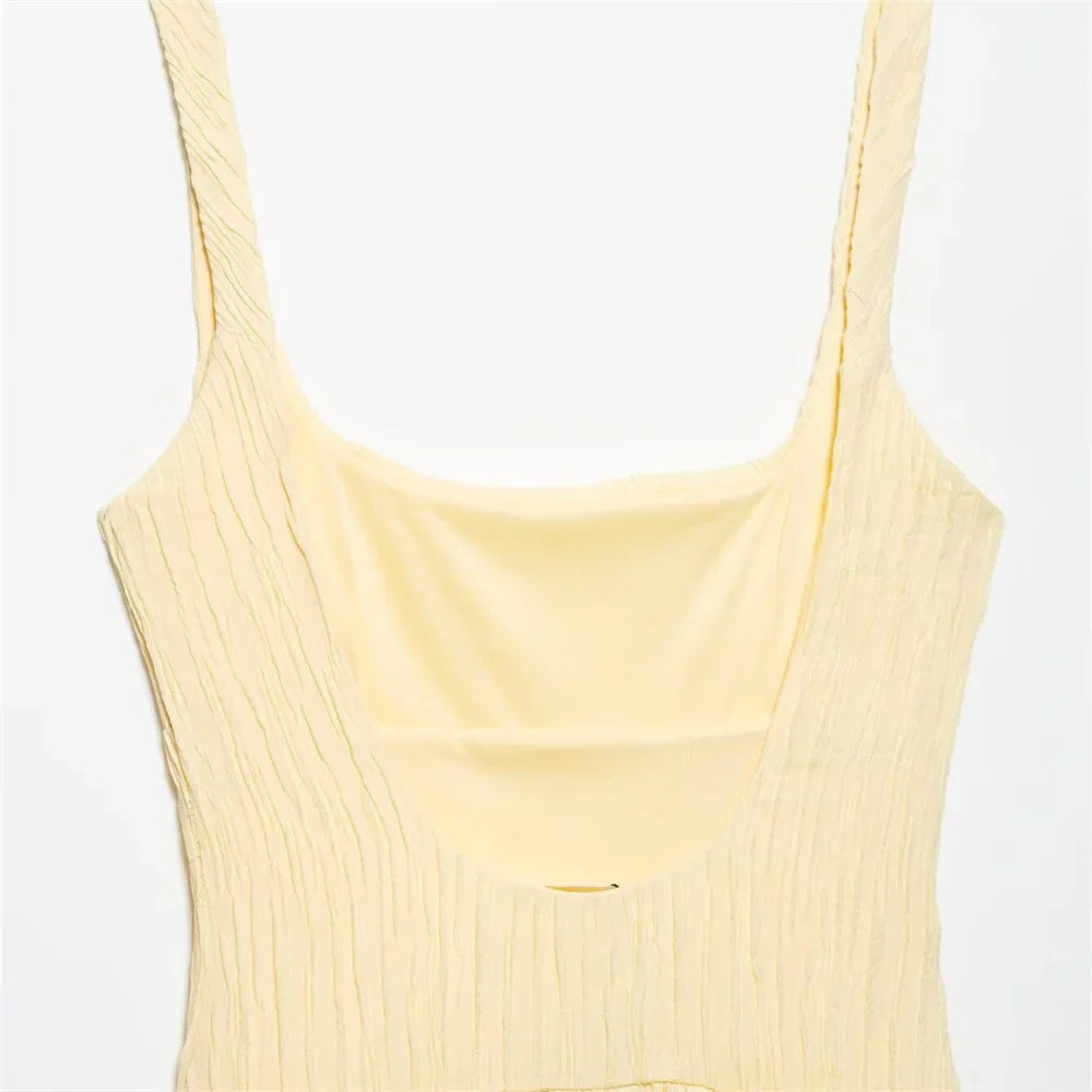 Women's Textured Midi Dress Square Neck Solid Color Design