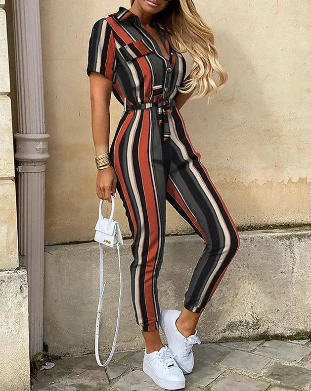 Casual Chic Overalls for Women Lapel Lace-Up Print Belted Work Jumpsuit One-Piece Bodysuit Elegant Long Sleeve Jumpsuit with Stylish Fit