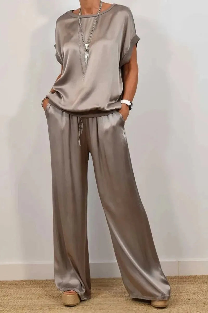 Smooth Satin Two Piece Set Women's Casual Outfit with O-neck Short Sleeve Top and Wide Leg Pant