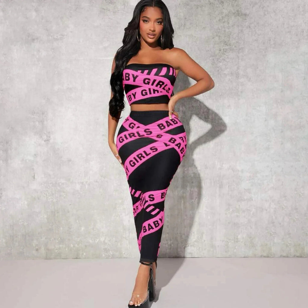 Women's Autumn Two-Piece Set Sleeveless Retro Letter Print Strapless Top with High Waist Slim Skirt Casual Streetwear Outfit