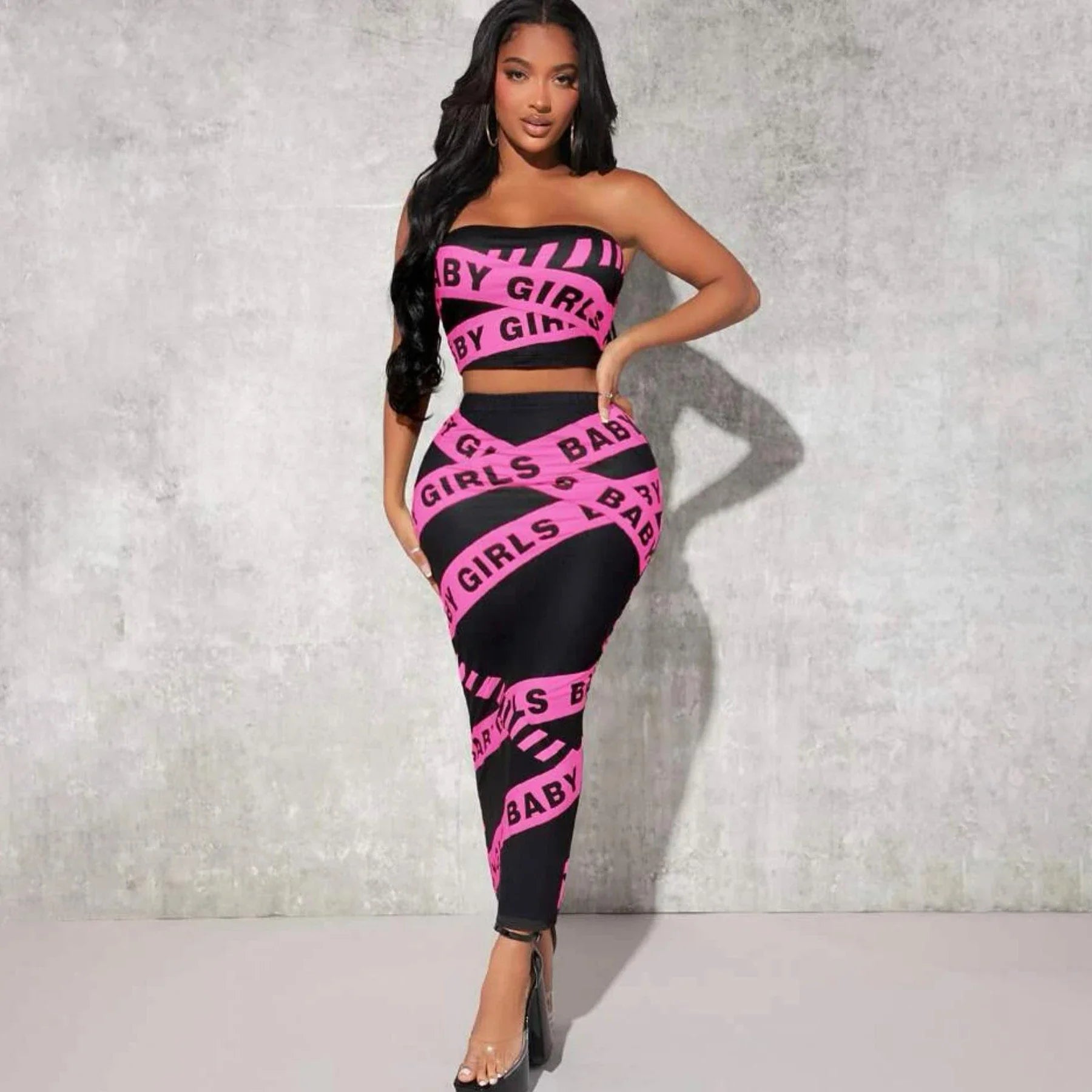 Women's Autumn Two-Piece Set Sleeveless Retro Letter Print Strapless Top with High Waist Slim Skirt Casual Streetwear Outfit
