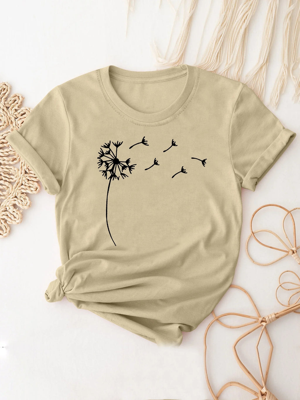 Dandelion Print Casual Crew Neck T-Shirt for Women, Short Sleeve Spring and Summer Top