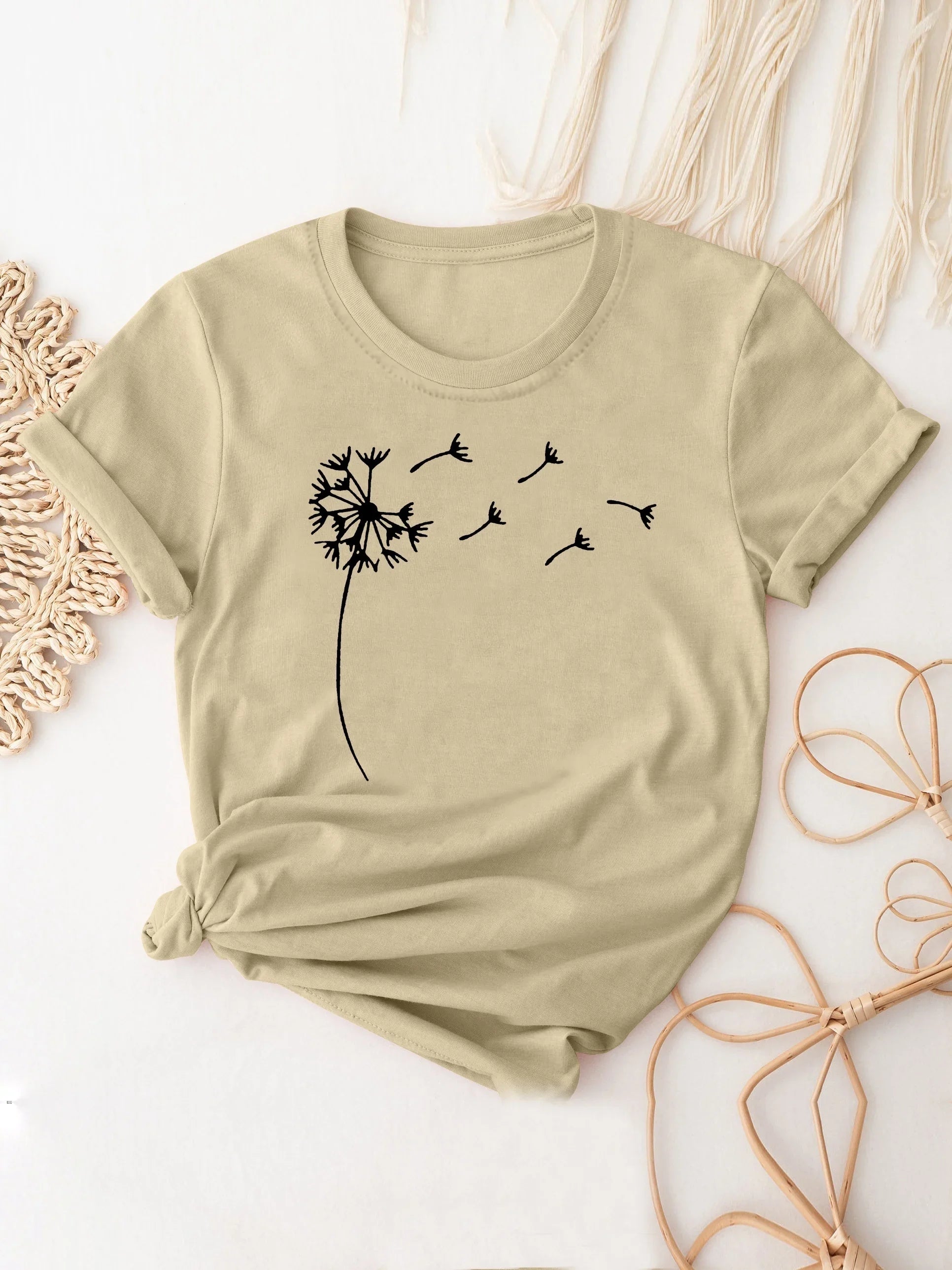 Dandelion Print Casual Crew Neck T-Shirt for Women, Short Sleeve Spring and Summer Top