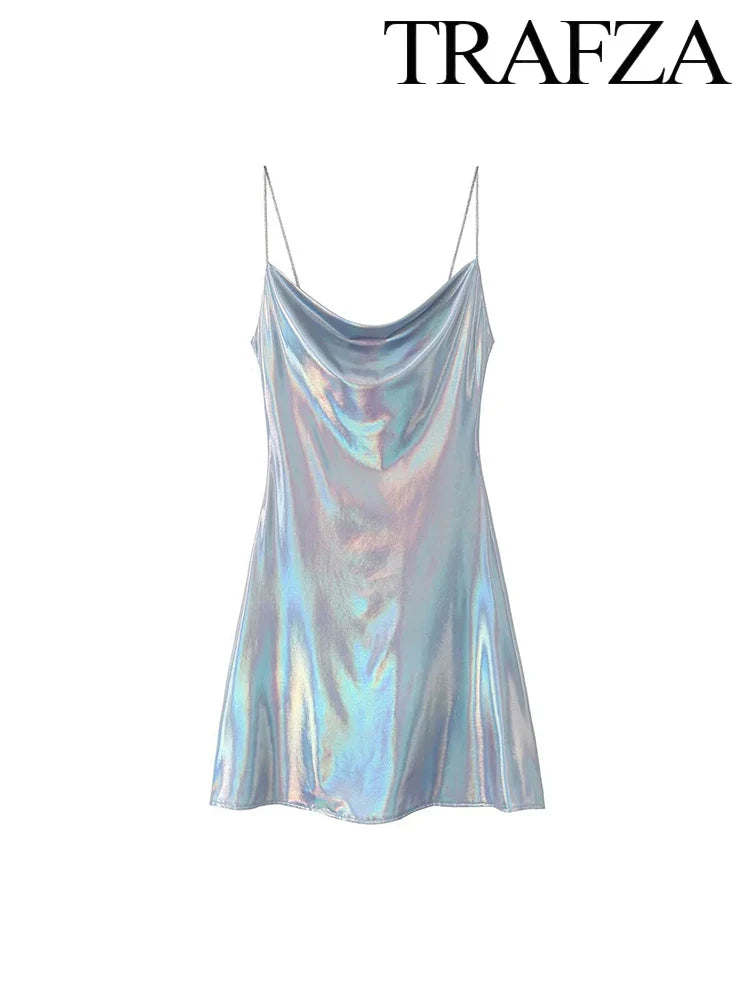 Metallic Glitter Backless Spaghetti Strap Dress For Party