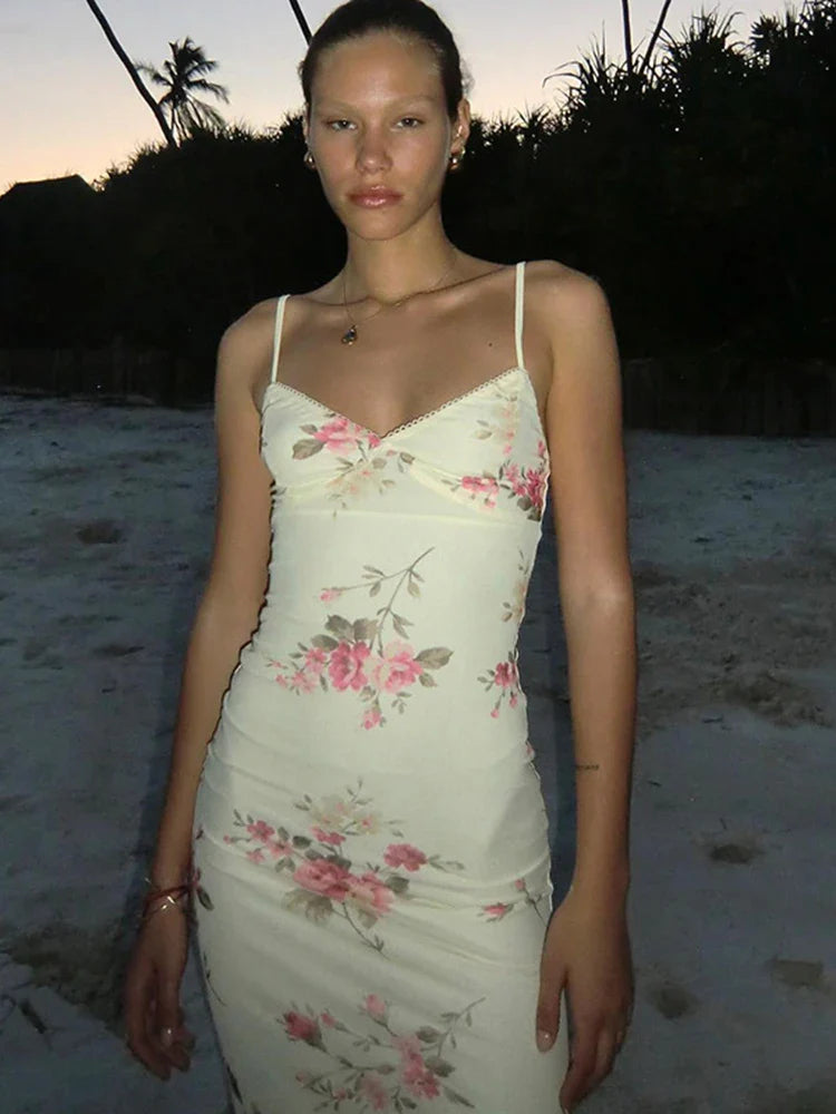 Floral Print Strap Midi Dress Bodycon Party Evening