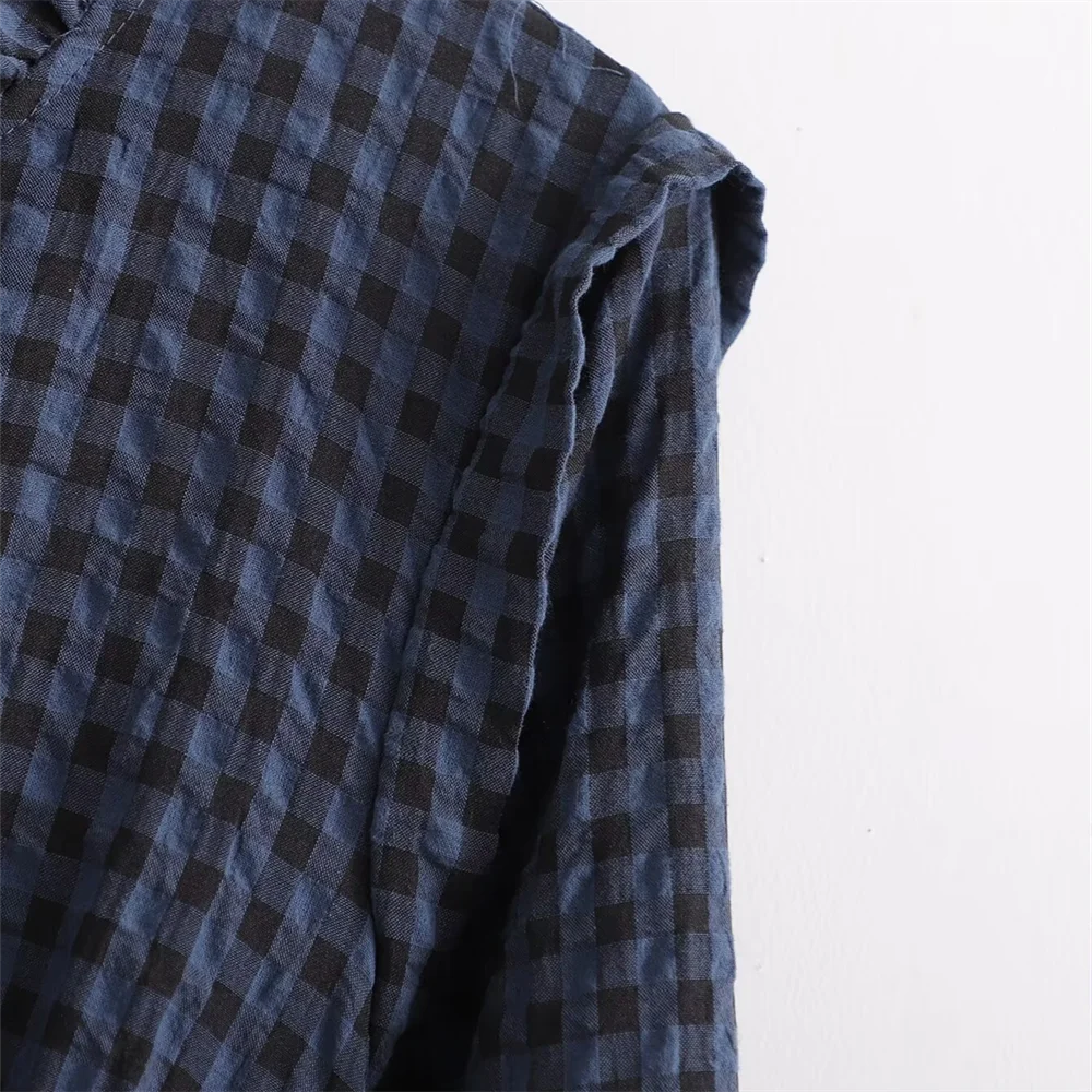 Women's Casual Plaid Bubble Sleeve Long Jumpsuit Versatile Fashionable Temperament Fit