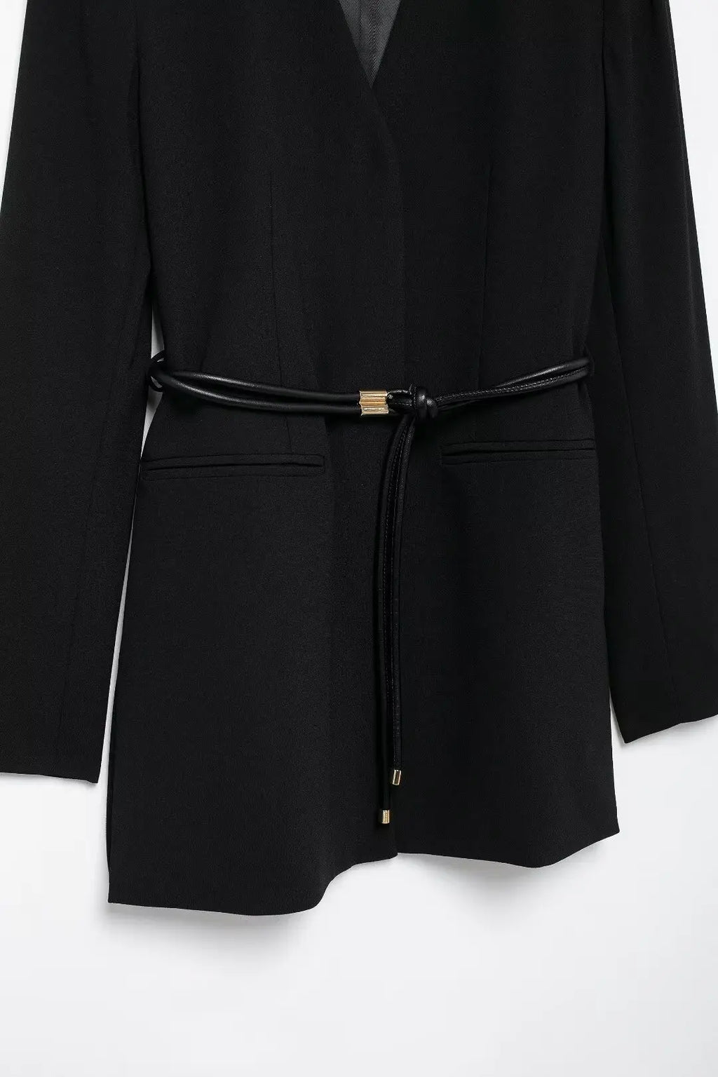 Women's Fashion Long Sleeve Suit Jacket with Belt and Zipper Straight Pants Set