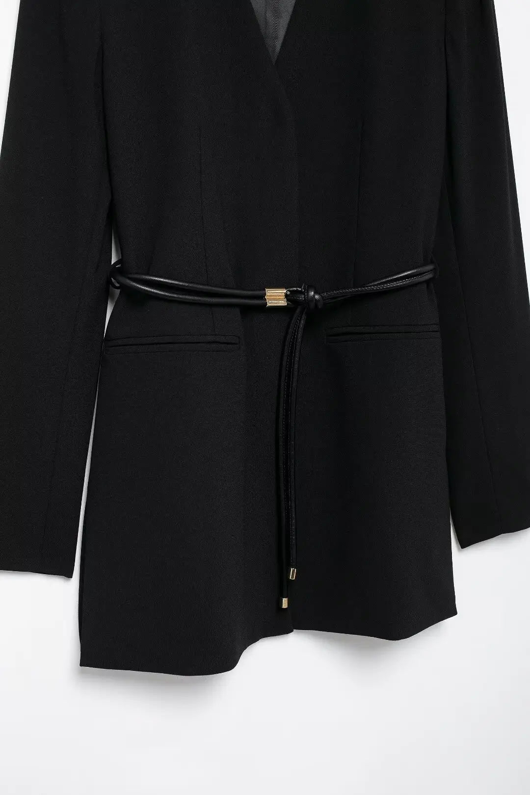 Women's Fashion Long Sleeve Suit Jacket with Belt and Zipper Straight Pants Set