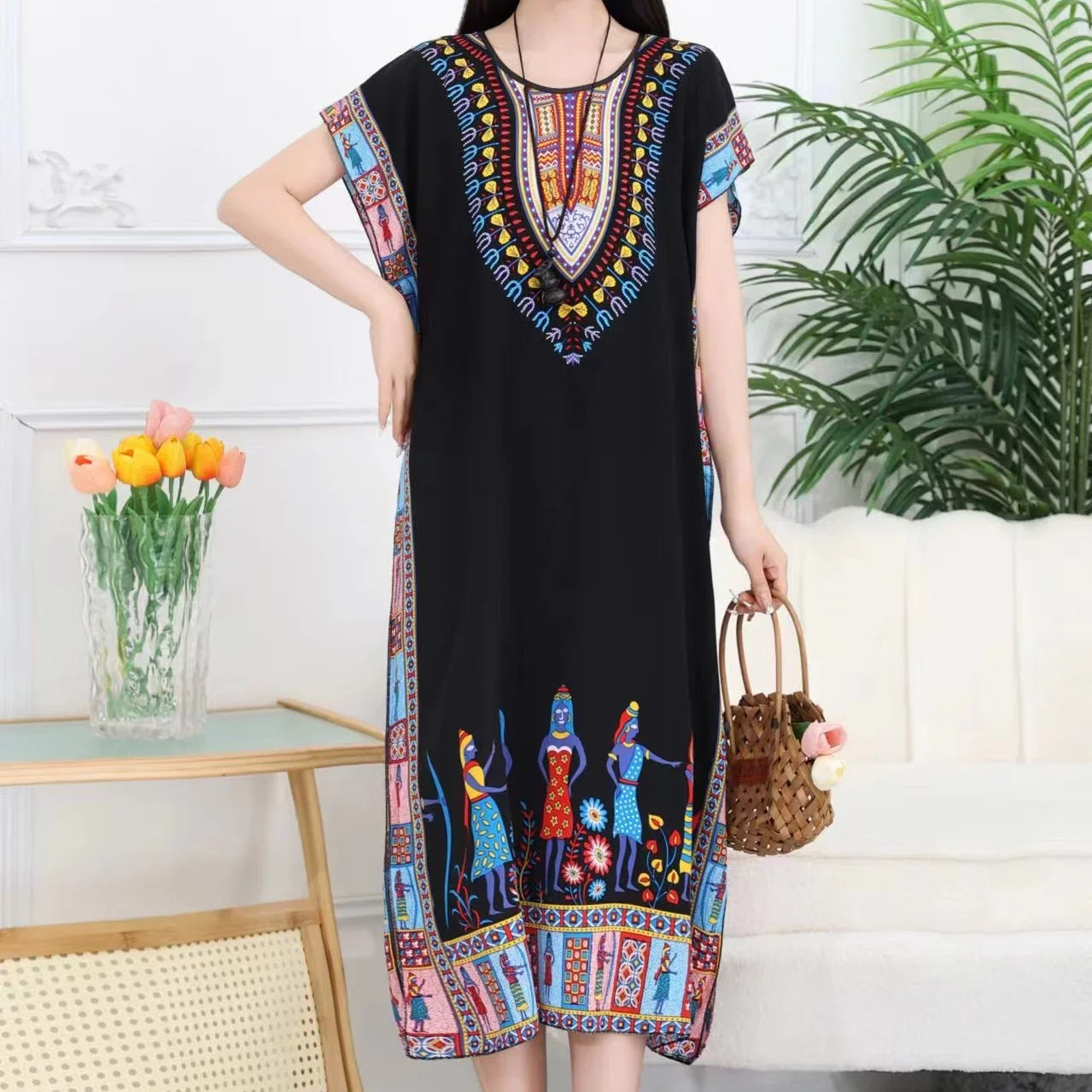 Retro Ethnic Print Batwing Sleeves Dress With High Slit