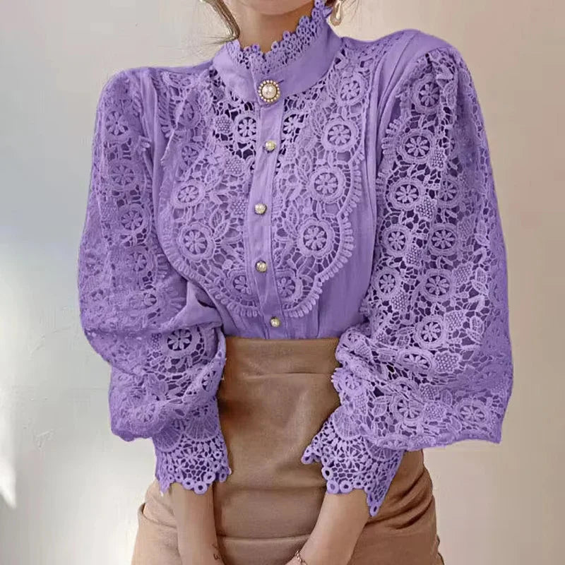 Women's Lace Petal Sleeve Blouse with Stand Collar Hollow Out Floral Patchwork Top Elegant Lightweight Shirt