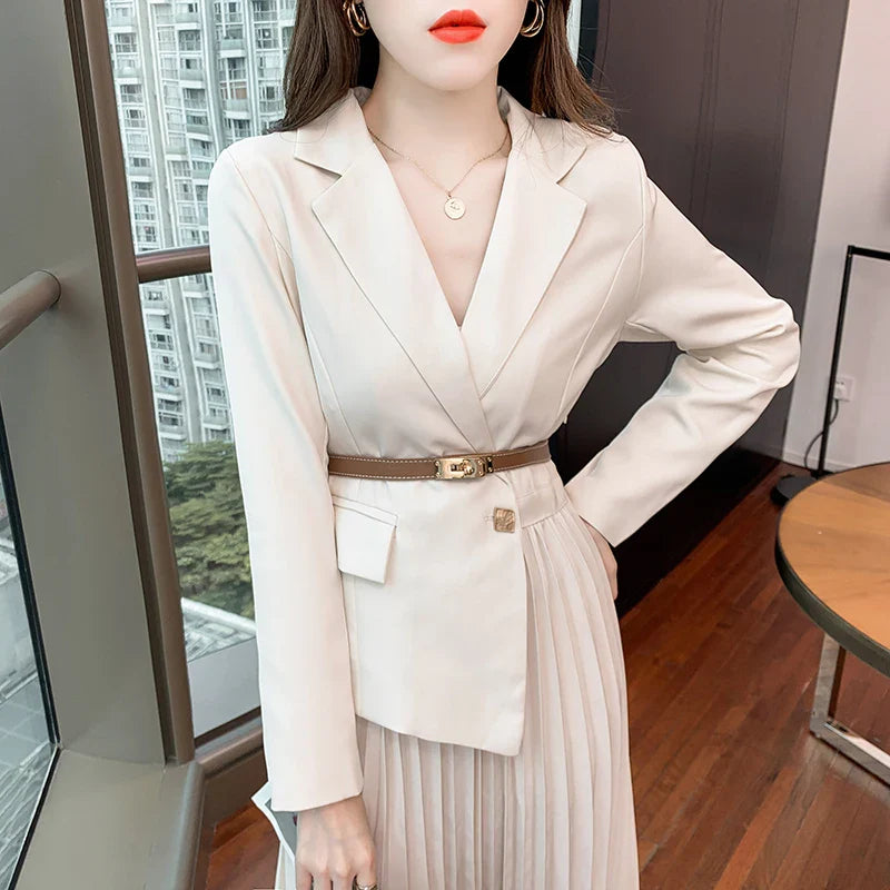 Faux Two Piece Dress With Blazer Collar Pleated Skirt