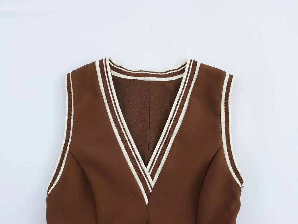 Women's Brown Striped Pleated Mini Dress Sleeveless Beach