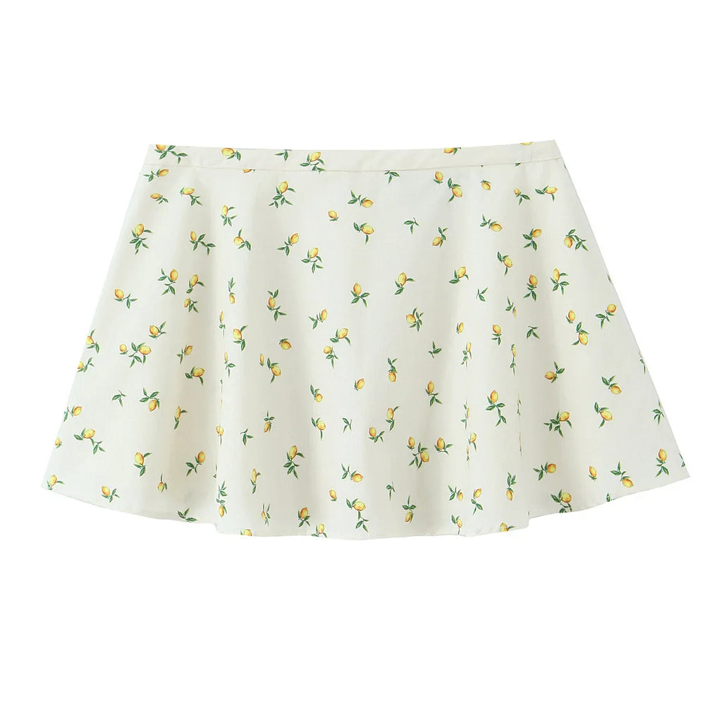 Casual Summer Two Piece Skirt Set for Women Lemon Print Backless Hanging Collar Tank Top with A-Line Mini Skirt Sleeveless Short Top