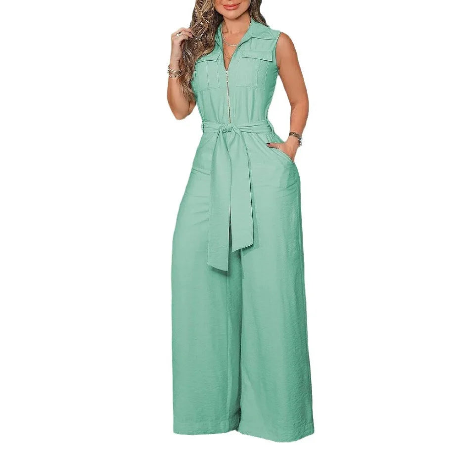 Sleeveless Wide Leg Jumpsuit for Women with Belted Waist Deep Crotch Lapel Design Summer Commute Office Casual Wear