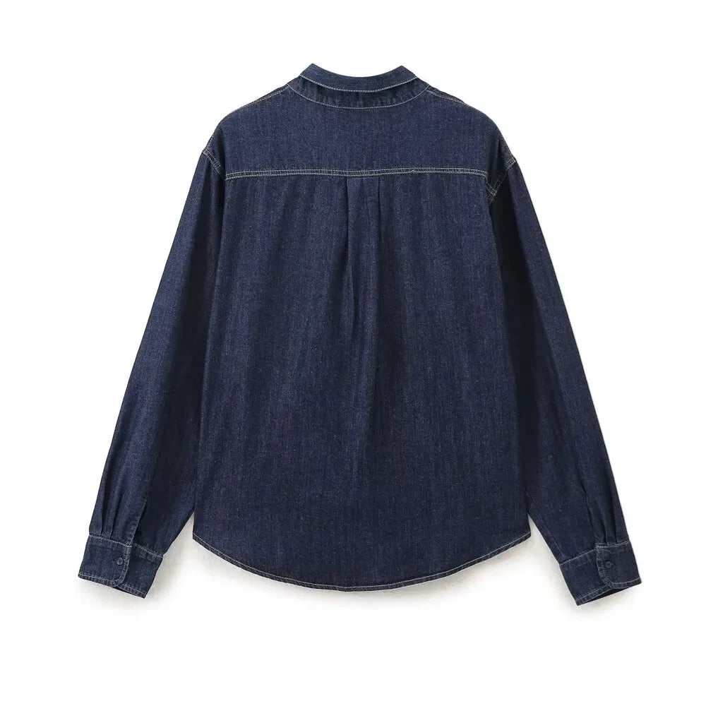 Fashionable Women's Loose Fit Denim Shirt with Color Contrast Bright Thread and Decorative Bow Detail