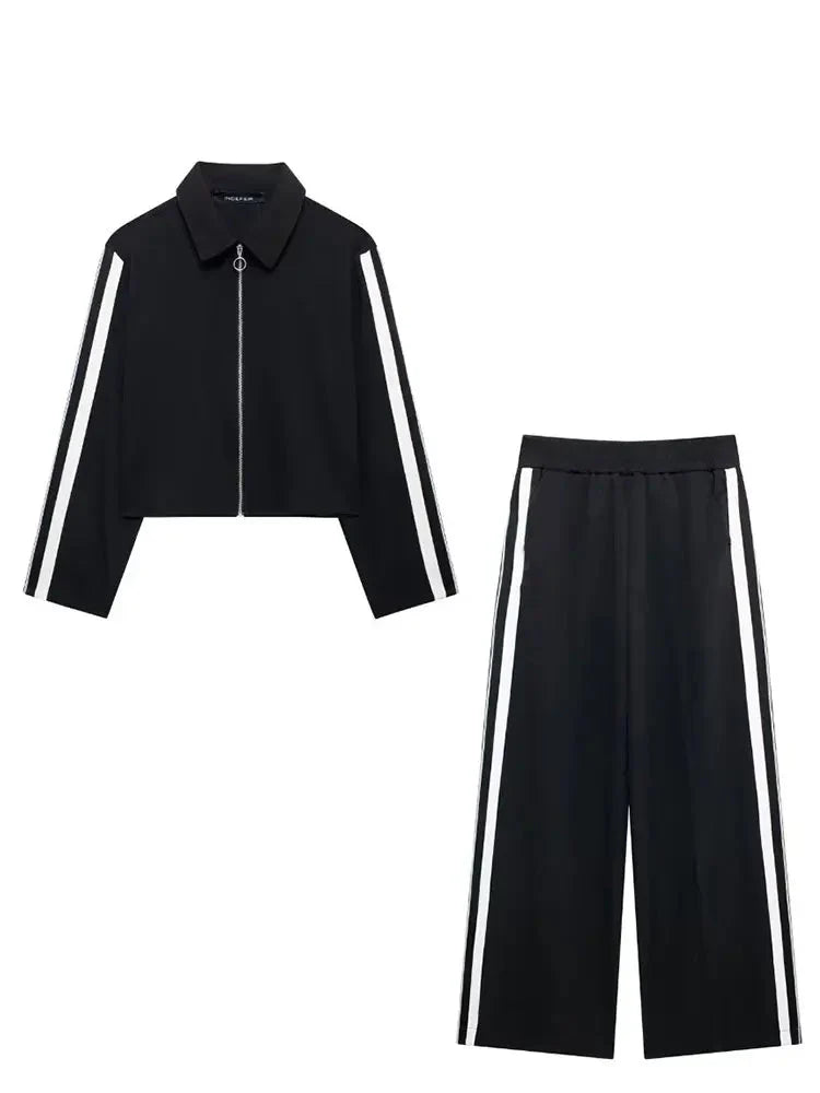 Women's Long Sleeve Zip Jacket and Elastic Waist Trousers Side Stripe Activewear Set