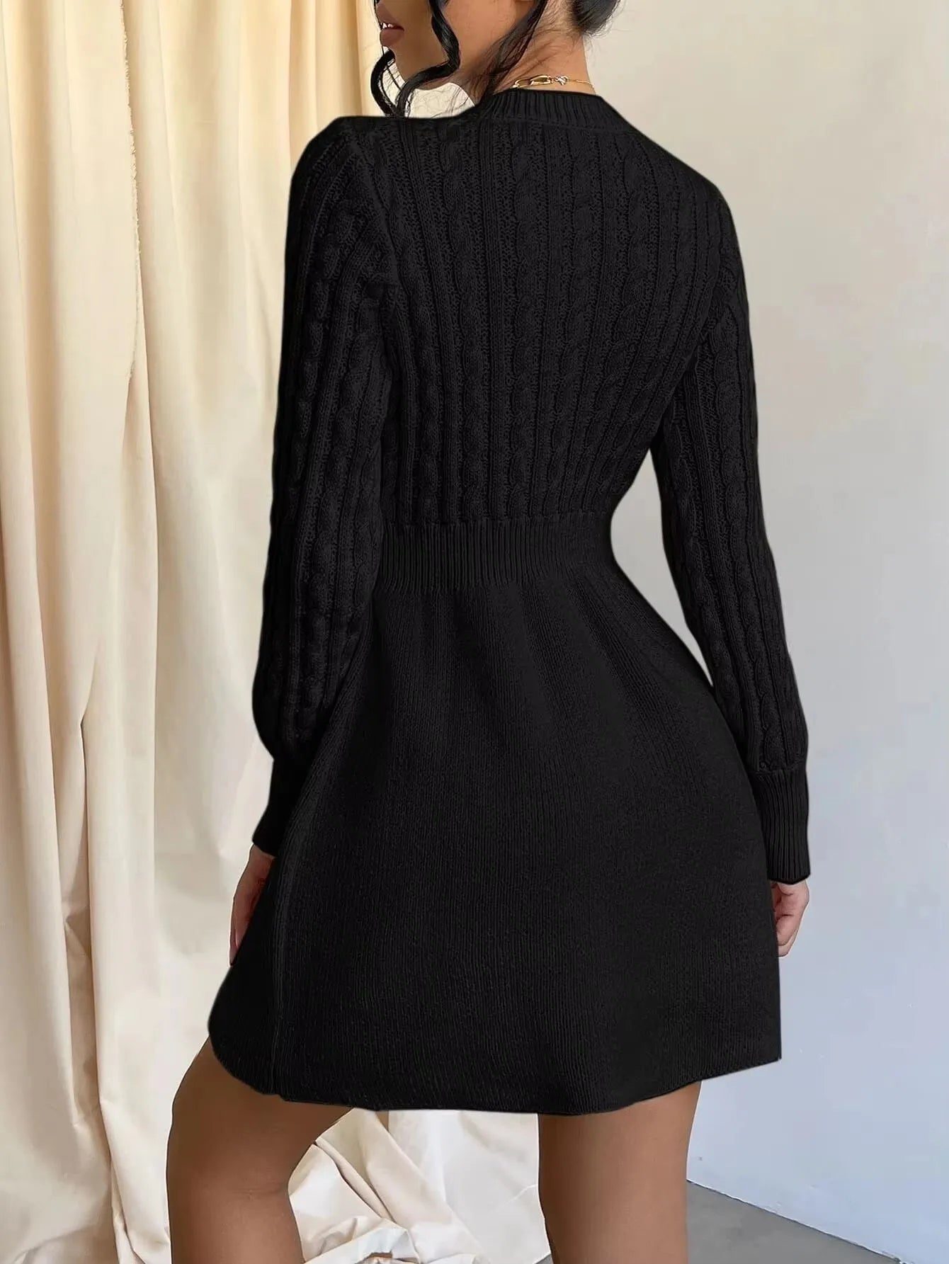 Cable Knit Sweater Dress Solid Knit Long Sleeve For Women
