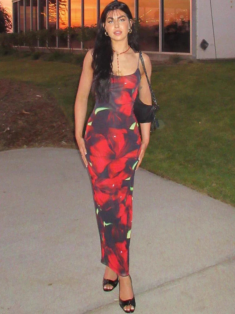 Floral Print Sexy Sleeveless Maxi Dress for Party Vacation